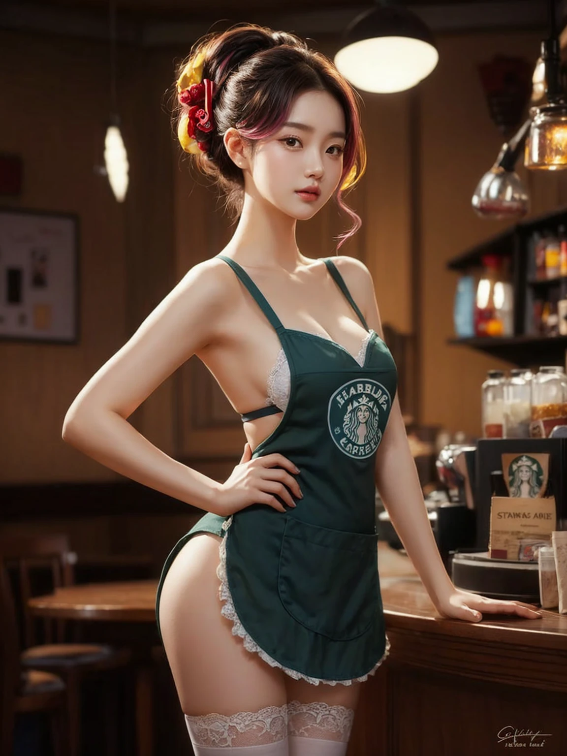young korean female with a pear body shape and fair skin, she has a curvy larged-size chest, Cool beauty,Looks sweet,(updo, blue and pink hair), only wearing dark green starbucks apron, off-shoulders with lace strapless bra, white lace-trimmed underwear, she has big thigh, full body photo, standing pose. Side view. In coffee shop.