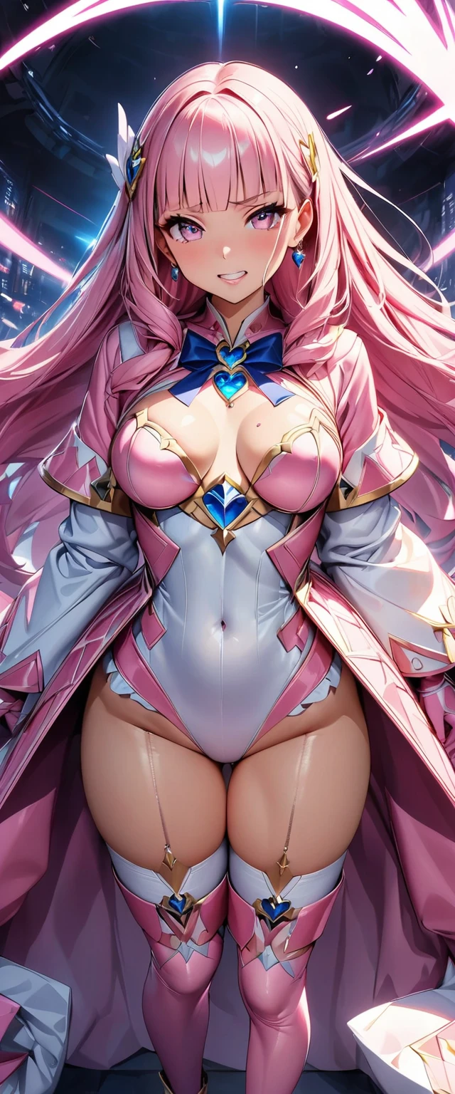 (Perfect Anatomy)、Mastepiece、Ultra High Quality、 8k、masterpiece、Highest quality、Ultra-high resolution、Maximum resolution、Very detailed、Professional Lighting、anime、woman、thin、so beautiful、Highly detailed eye、Highly detailed face、Golden earrings、Pink Hair,、Pink eyes、Detailed costume patternid-chest、Blue jewel on chest, pink lips, upper arm pink armor, white leotard, pink pattern, full body, magical girl, Angel Girl, Are standing, pink thigh high stockings, white super long boots, pink gauntlet, high heels, blunt bangs, Hime cut, bridal hair accessory, paladin robe, clenched teeth