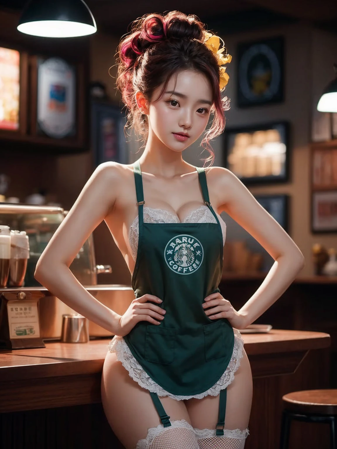 young korean female with a pear body shape and fair skin, she has a curvy larged-size chest, Cool beauty，Looks sweet，(updo, blue and pink hair), only wearing dark green starbucks apron, off-shoulders with lace strapless bra, white lace-trimmed underwear, she has big thigh, full body photo, standing pose. Side view. In coffee shop.