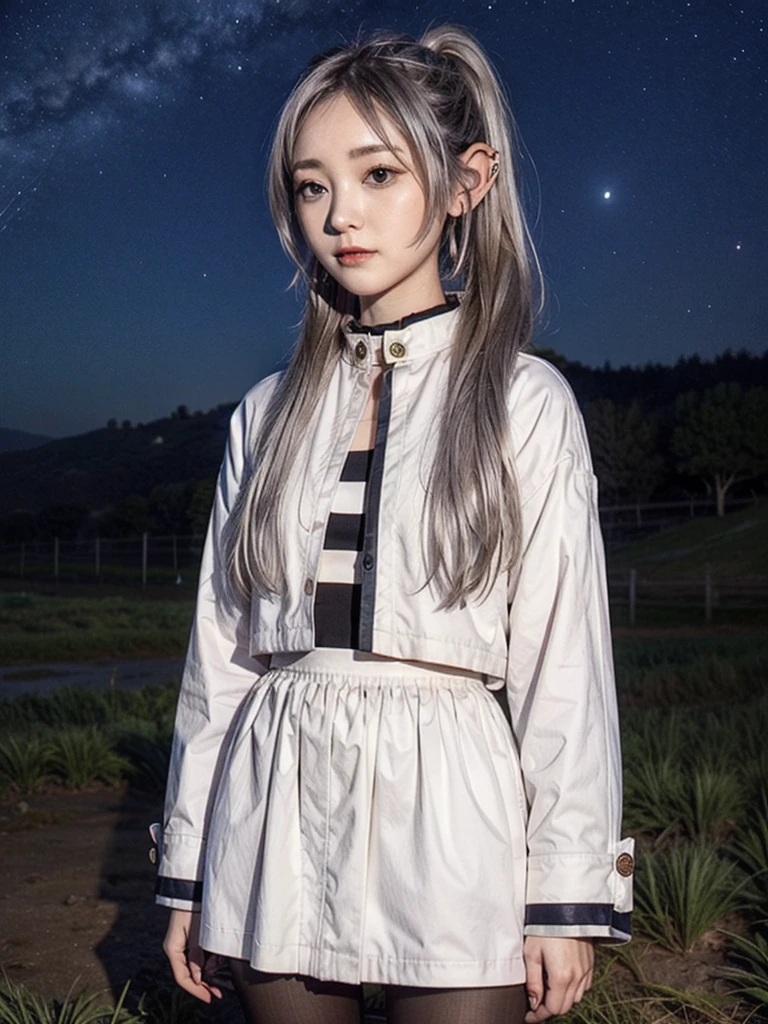 One girl,alone,Fairy,Gray Hair, Grey Hair, Earrings, Pointed Ears, Long Hair, ponytail, Green Eyes, Twin tails, Parted bangs, Thick eyebrows,
Capelet with collar, White capelet, Striped shirt, Long sleeve,Striped, White Skirt,
pantyhose,
Night Sky, performer, Milky Way, milky way,