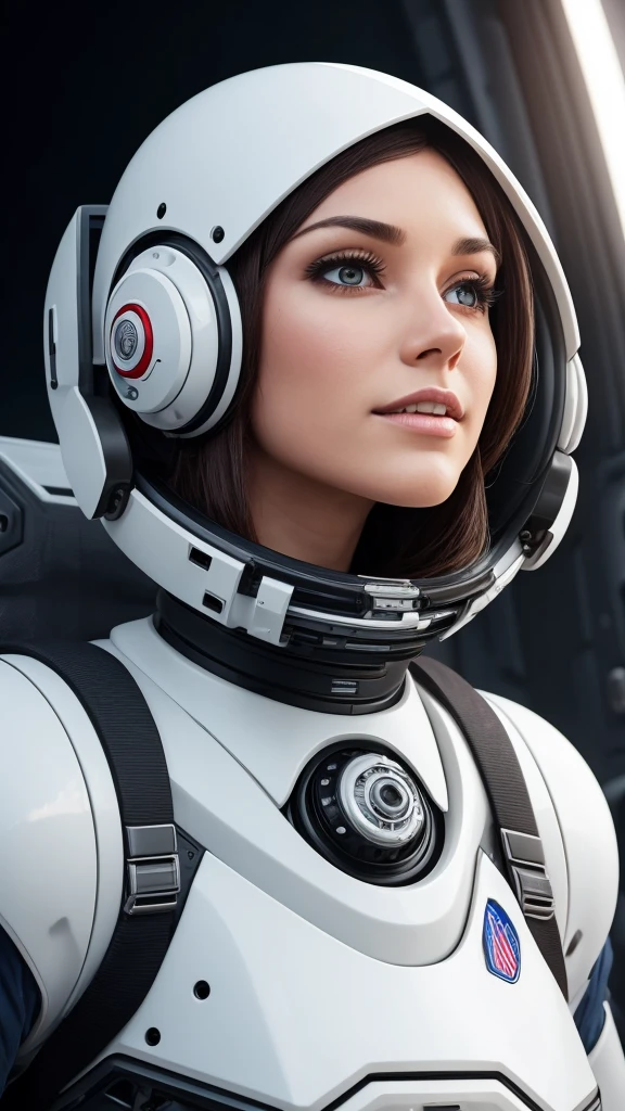 sci fi android cyborg humanoid ultrarealistic woman, black metal mouth inside space craft white long hall