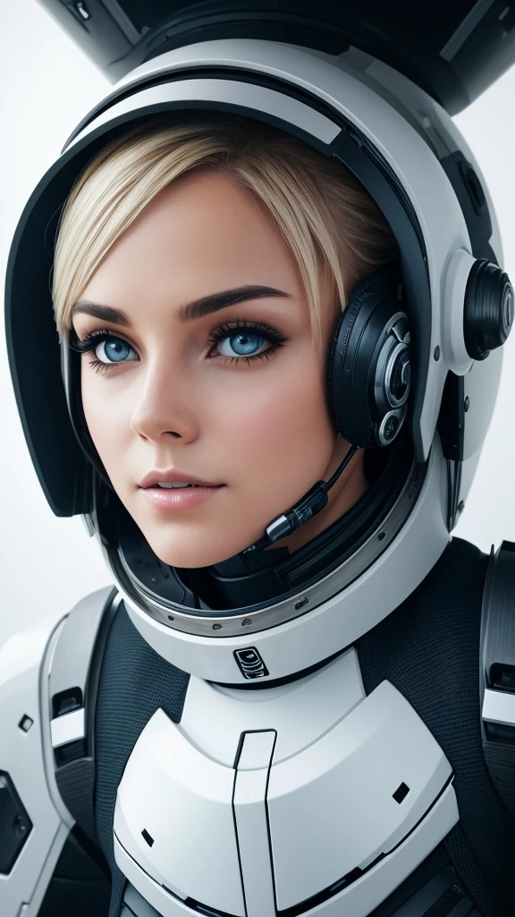 sci fi android cyborg humanoid ultrarealistic woman, black metal mouth inside space craft white long hall