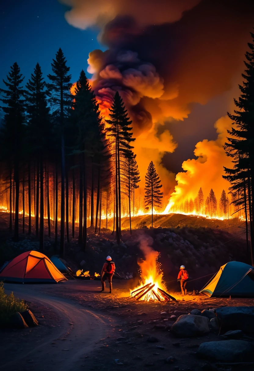 A massive forest fire breaks out in the dark of night, engulfing the campsite.、A group of campers fleeing、Some campers' bodies are on fire、