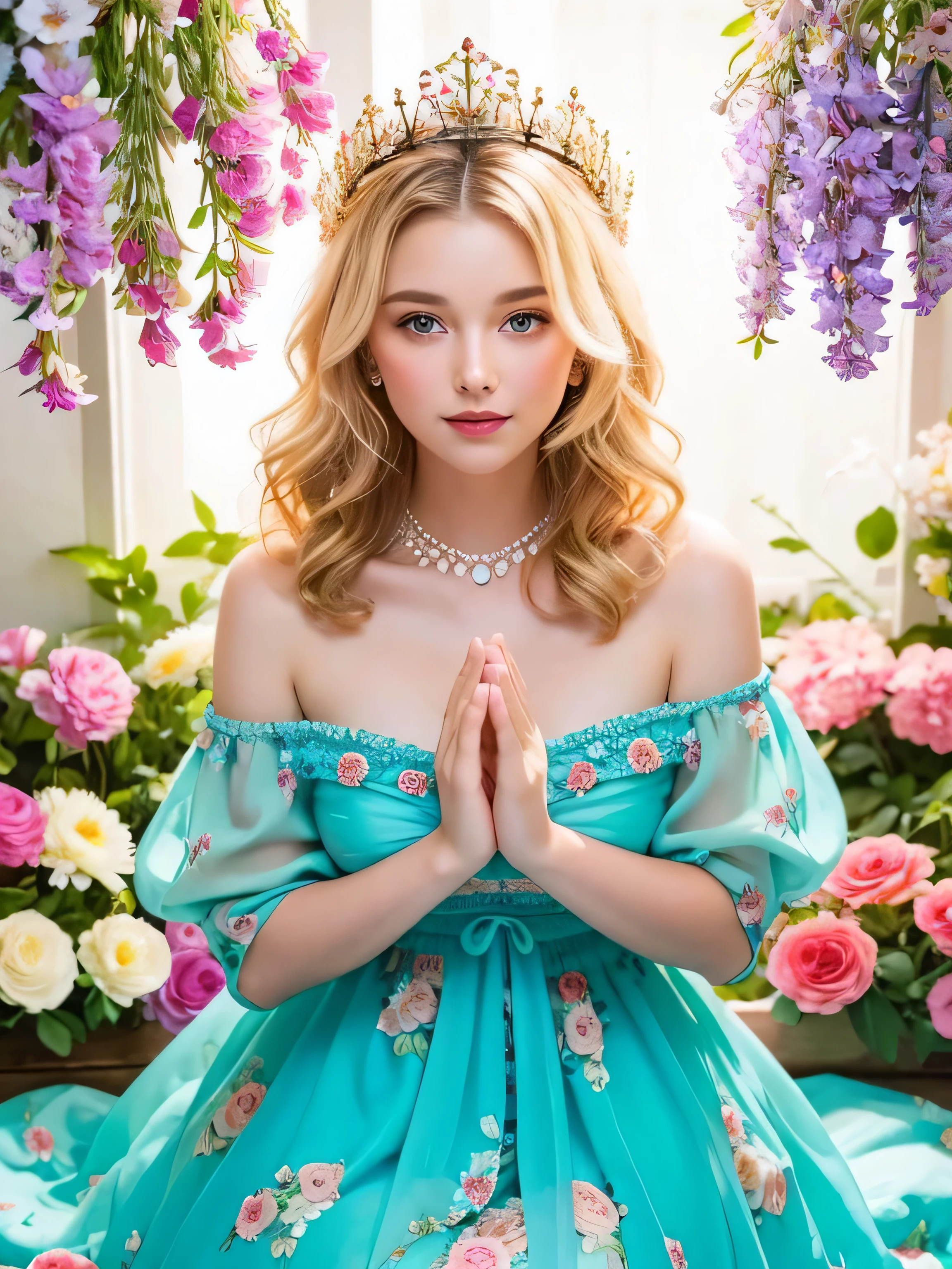 A ravishing French woman, crowned with delicate flowers, sits amidst vibrant blooms. She poses directly into the lens, her piercing blue-turquoise eyes and plump lips curving into a joyful smile. Her luminous face shines against a kaleidoscope of colorful flowers, intricate floral patterns on her pastel-hued dress and luscious blonde locks perfectly framed. Studio lights radiate an energetic atmosphere, illuminating every detail as she faces the camera with perfect face symmetry.