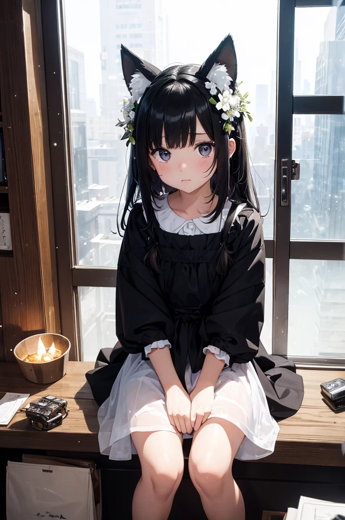 1girl, 8yo, cute sketch, black and white, photographic trails of glowing fluorescent diamond firefly, kawaii, colorful, fireworks, transparency, cinematic side angle, beautiful aesthetic, expressionless, empty-eyed, looking away, smock, indoor, sit, brilliant night city outside window, nursery-tale, whimsical, extremely detailed cg, absurdres, highres, potted white flowers, realistic, animal ears, letterboxed, water