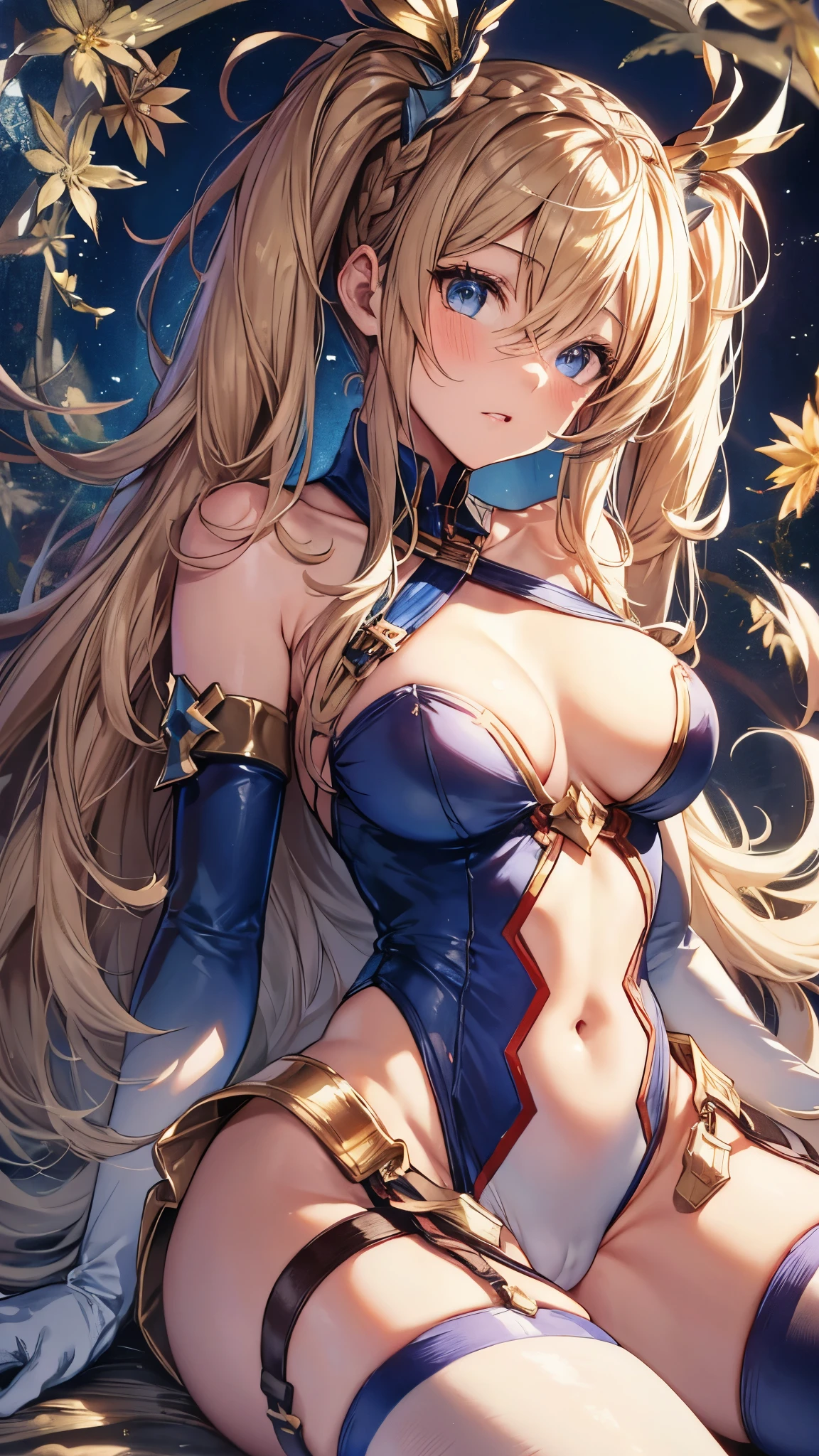 bradamante, blonde hair, blue eyes, braid, french braid, long hair, twintails, two side up,
covered navel, elbow gloves, gloves, leotard, thigh strap,dynamic angle, (upper body:1.3),open mouth, embarrassed ,blush,(spread legs:1.3),(legs up),(cameltoe:1.3),top-quality,Top image quality,perfect anatomy,masterpiece,ultra-detailliert,Beautiful,ultra-quality, best quality,high resolution, ultra-detailed,game cg,dutch angle ,beautiful detailed eyes,visualart,five fingers, perfect hands,