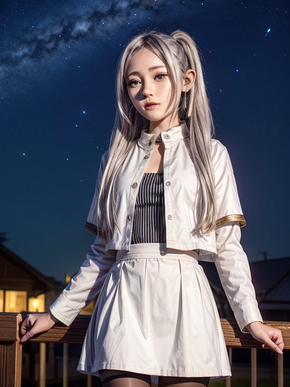One girl,alone,Fairy,Gray Hair, Grey Hair, Earrings, Pointed Ears, Long Hair, ponytail, Green Eyes, Twin tails, Parted bangs, Thick eyebrows,
Capelet with collar, White capelet, Striped shirt, Long sleeve,Striped, White Skirt,
pantyhose,
Night Sky, performer, Milky Way, milky way,