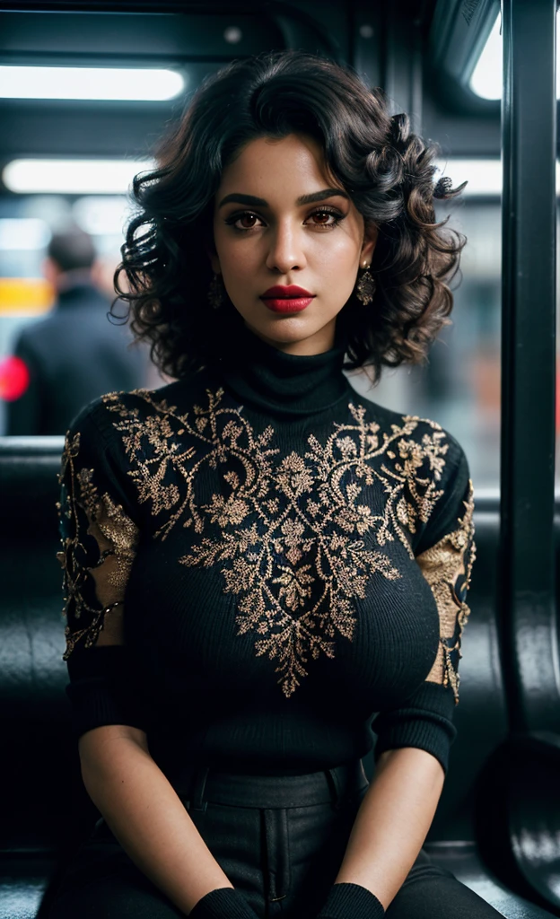 (masterpiece), (extremely intricate:1.3), (realistic), detailed textures, professional photograph of a stunning woman detailed, Jewish, curly black hair, big nose, (huge breasts:1.3), gorgeous, lipstick, eyeliner, makeup, skinny, (black turtleneck jumper), black trousers, sitting on New York subway, detailed eyes, sharp focus, dramatic, award winning, cinematic lighting, octane render unreal engine, volumetrics dtx, (film grain, blurry background, blurry foreground, bokeh, depth of field, motion blur:1.3)