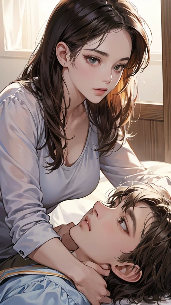 (masutepiece, Digital Art, Digital Illustration, 4K, 8K, Ultra-detailed, beautiful image, Sharp Image, Photorealistic, Raw photo, Perfect face, Perfect lines, Perfect eyes, Soft lighting) , a couple, 1 girl 1 boy, Hair color is different, Medium brown hair and brown eyes, Short black hair and gray eyes, Romance, Lie on the ground, Lip touch