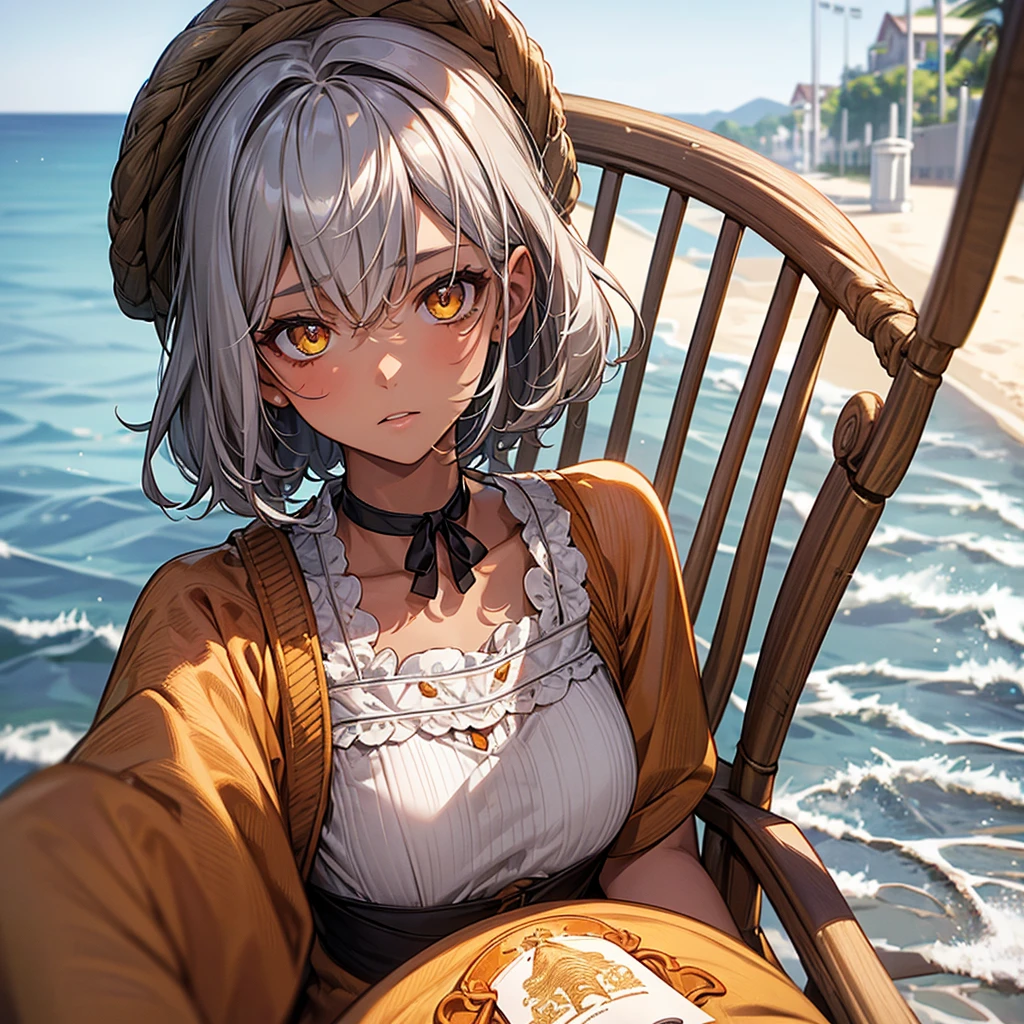 masterpiece, Highest quality, Perfect Face, Highest Resolution, Highest quality,Detailed depiction of the eyes, 1 girl, young, dark tan skin, slate gray hair, short hair, upturned eyes, Yellow Orange eyes, Perfect Anatomy, ribbon choker, Seaside house,
rattan chair, 8k, vacations