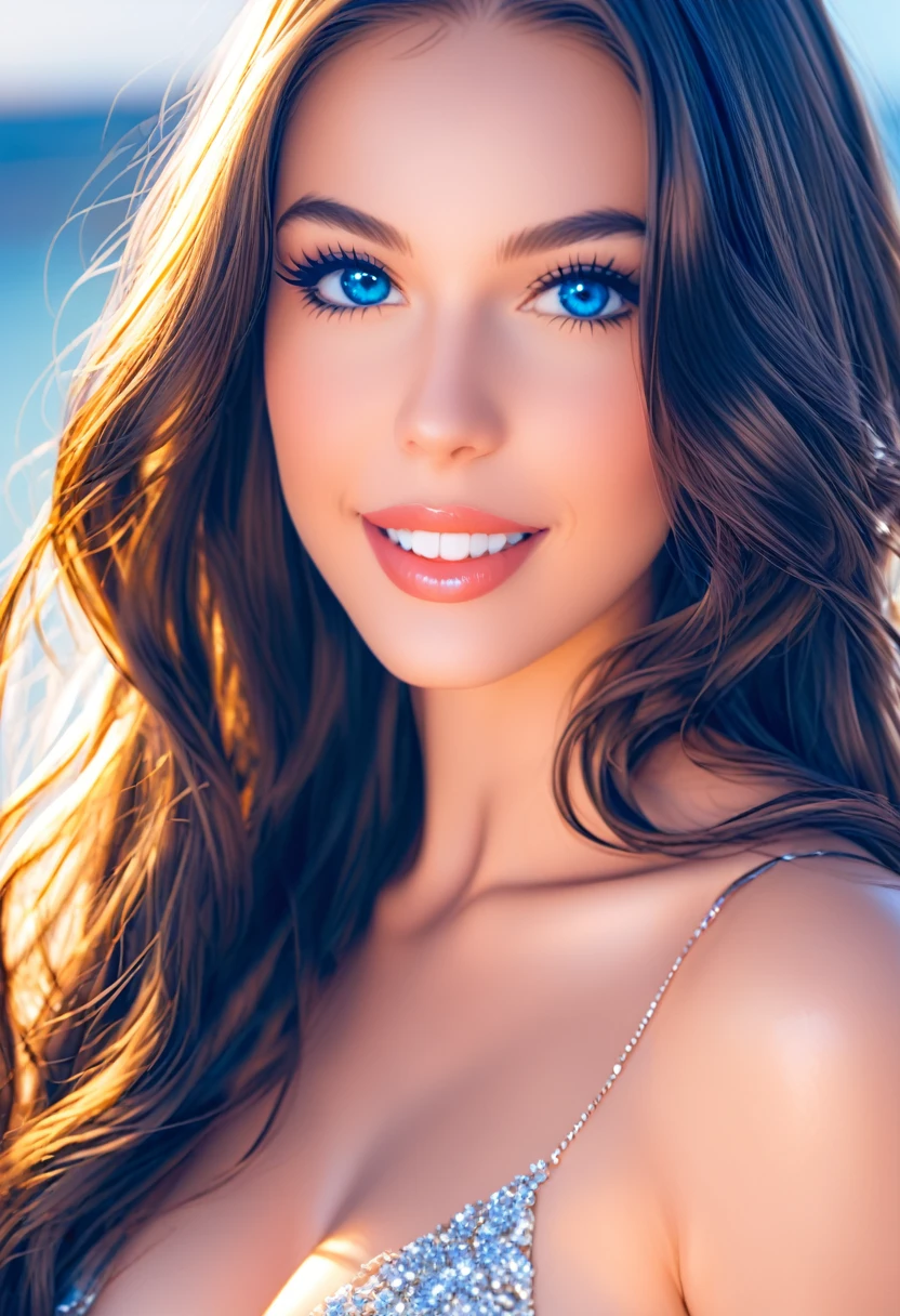 Gorgeous long brunette hair woman with blue eyes and beautiful teeth
