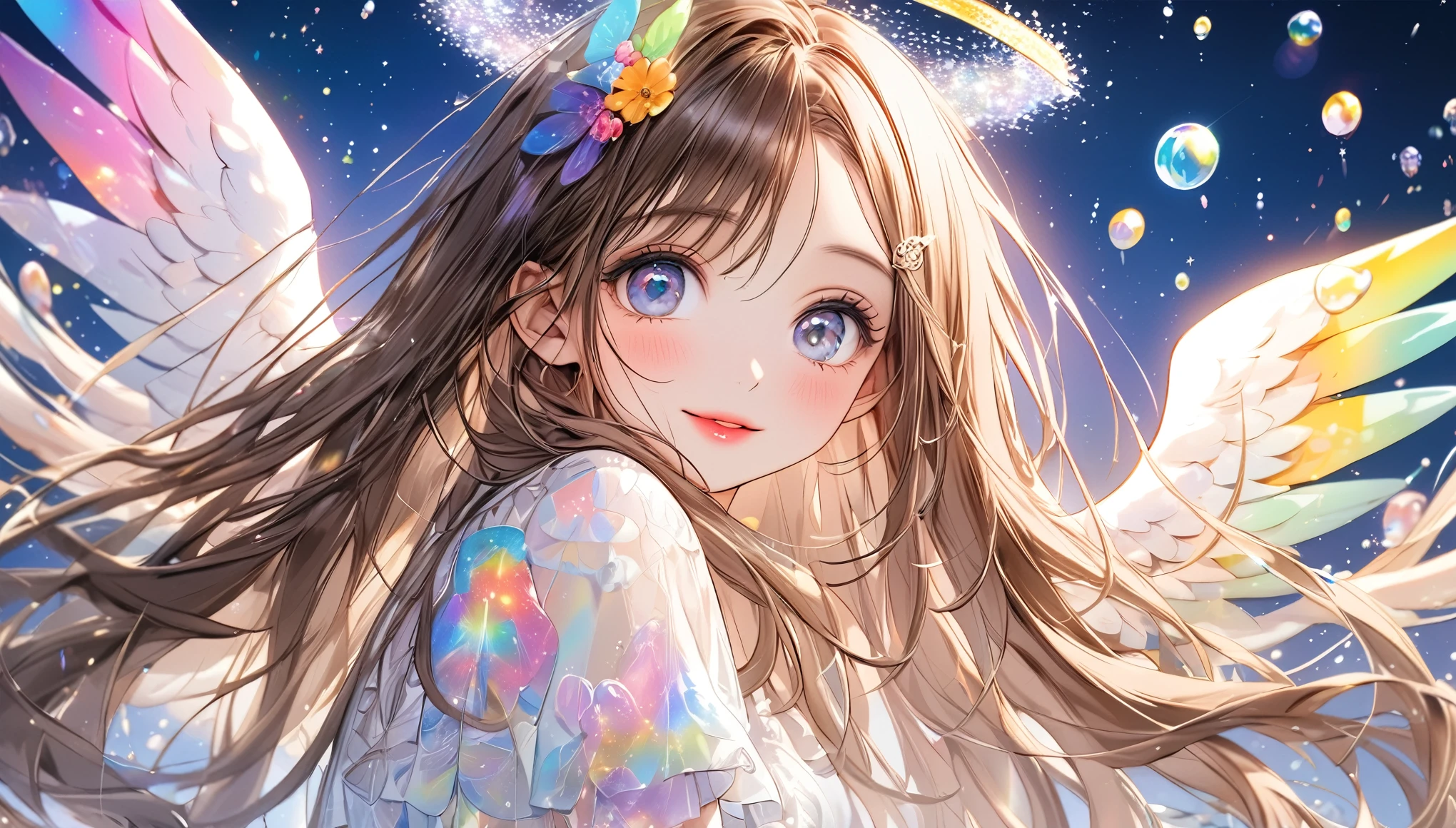 A fusion of watercolor and oil painting, Highest quality, Super Fine, 16K, Incredibly absurd, Very detailed, 2.5D, Delicate and dynamic depiction, (the whole body is facing forward) ,(((The whole body is facing forward and staring straight at me))),beautiful girl,ta,15-yddess white dress, (((Upper Body))),Brown long hair,Big eyes,Beautiful attention to detail, Beautiful lip detail, Very detailed顔, Attractive eyes, Long eyelashes, smile, Shy, Messy wavy long hair,(Dynamic pose) ,Tattoo on forehead, compensate, Best body shape, flower, Water Ripples, transparent, 半transparent, prism, Iridescent Sequins, (colorful:1.1), (Abstract background:1.3), (Angel wings on the back), (Many colors:0.8), (feather:0.9), Portraiture, Prime lens, Lens Filters, Clear subject, Background Sky, heaven, heavenly, Soft pastel color images,Night Sky