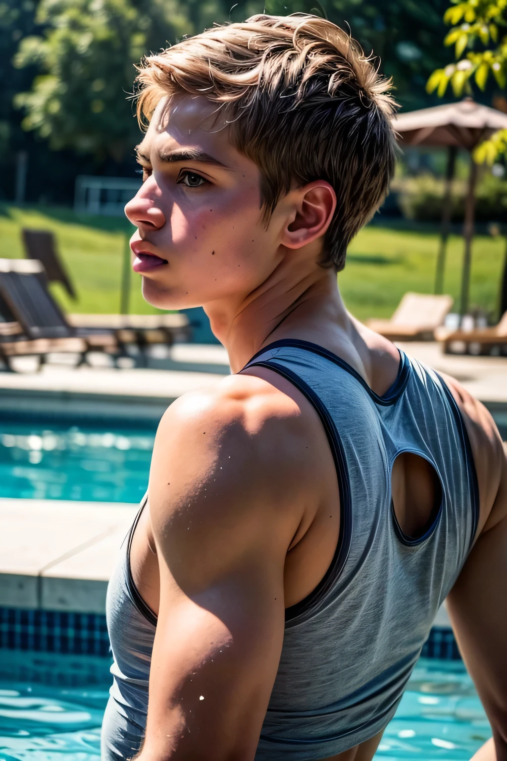 Portrait of a young sportsman in a pool, wearing a tank top, sportsman, slim, beautiful facial features, photography, ultra detailed, real, film grain, beautiful boy, beautiful facial features, symmetrical, film grain, male beauty, short hair, supreme, nature, artistic portrait, artistic pose, photography award, realistic, heroic}