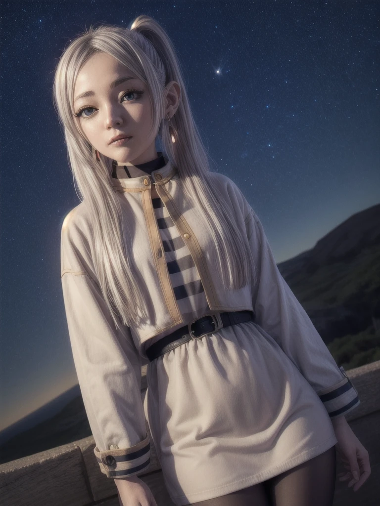 One girl,alone,Fairy,Gray Hair, Grey Hair, Earrings, Pointed Ears, Long Hair, ponytail, Green Eyes, Twin tails, Parted bangs, Thick eyebrows,
Capelet with collar, White capelet, Striped shirt, Long sleeve,Striped, White Skirt,
pantyhose,
Night Sky, performer, Milky Way, milky way,
 