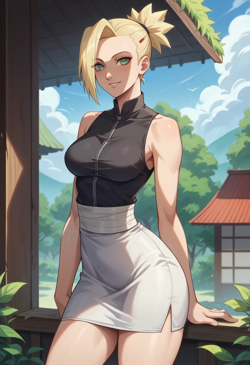 1 girl, alone , 19 years ,short blonde hair , tied hair, hair slicked back ,on forehead ,green eyes , beautiful, light skin color , wide shoulders, thin waist, medium breasts, defined thighs, thin, defined lean ,wide hips, medium ass, naruto shippuden style, Leaf village, black shirt, medium white skirt, front from viewer, look at viewer, smile, shinobi
