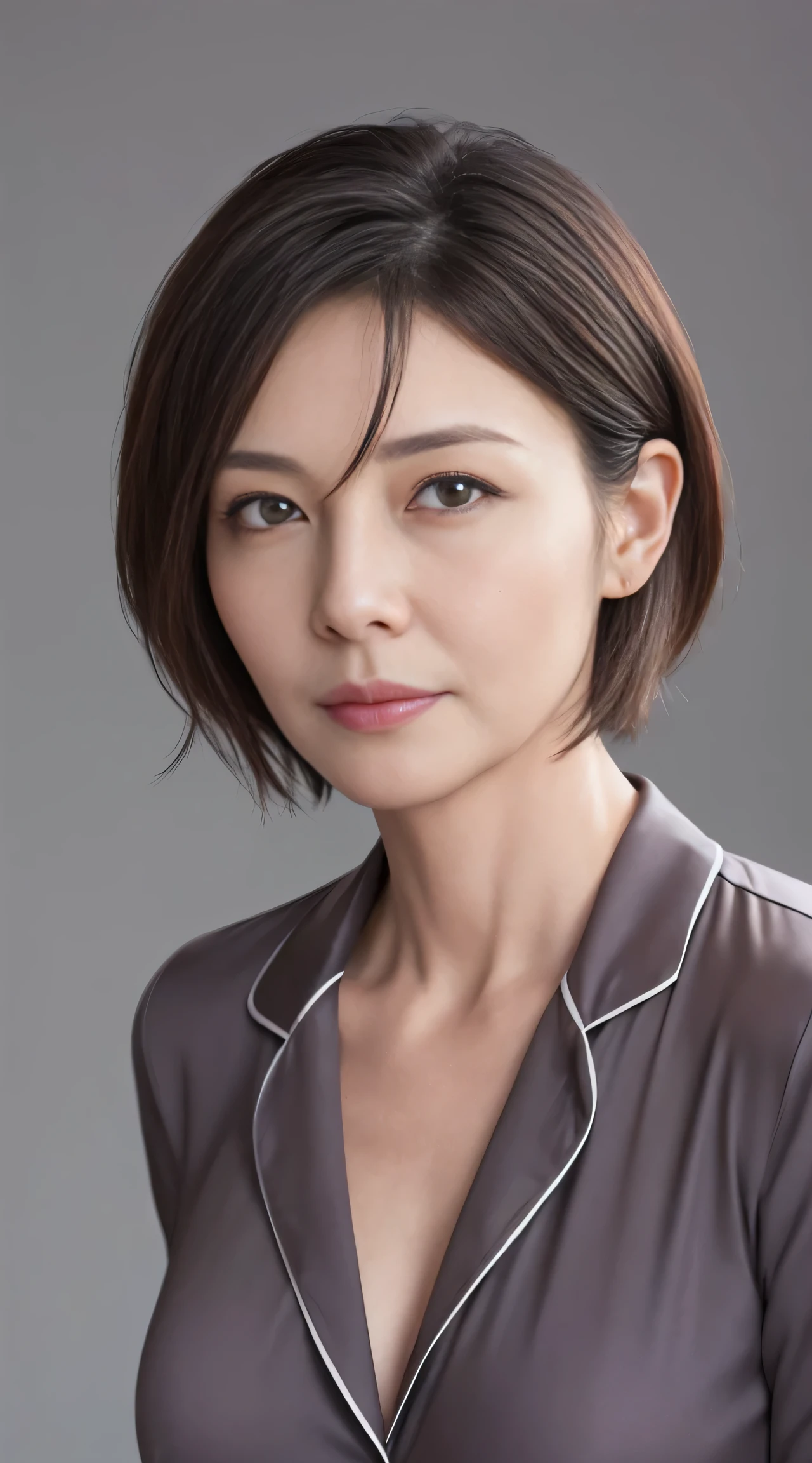 ((Highest quality, 8k, masterpiece :1.3)), 50-year-old woman, Simple plain background, Beautiful woman with slim abs :1.3, (Medium Short Hair, chest :1.2), Random color pajamas:1.1, Highly detailed face, Beautiful Eyes,Wrinkles at the corners of the eyes