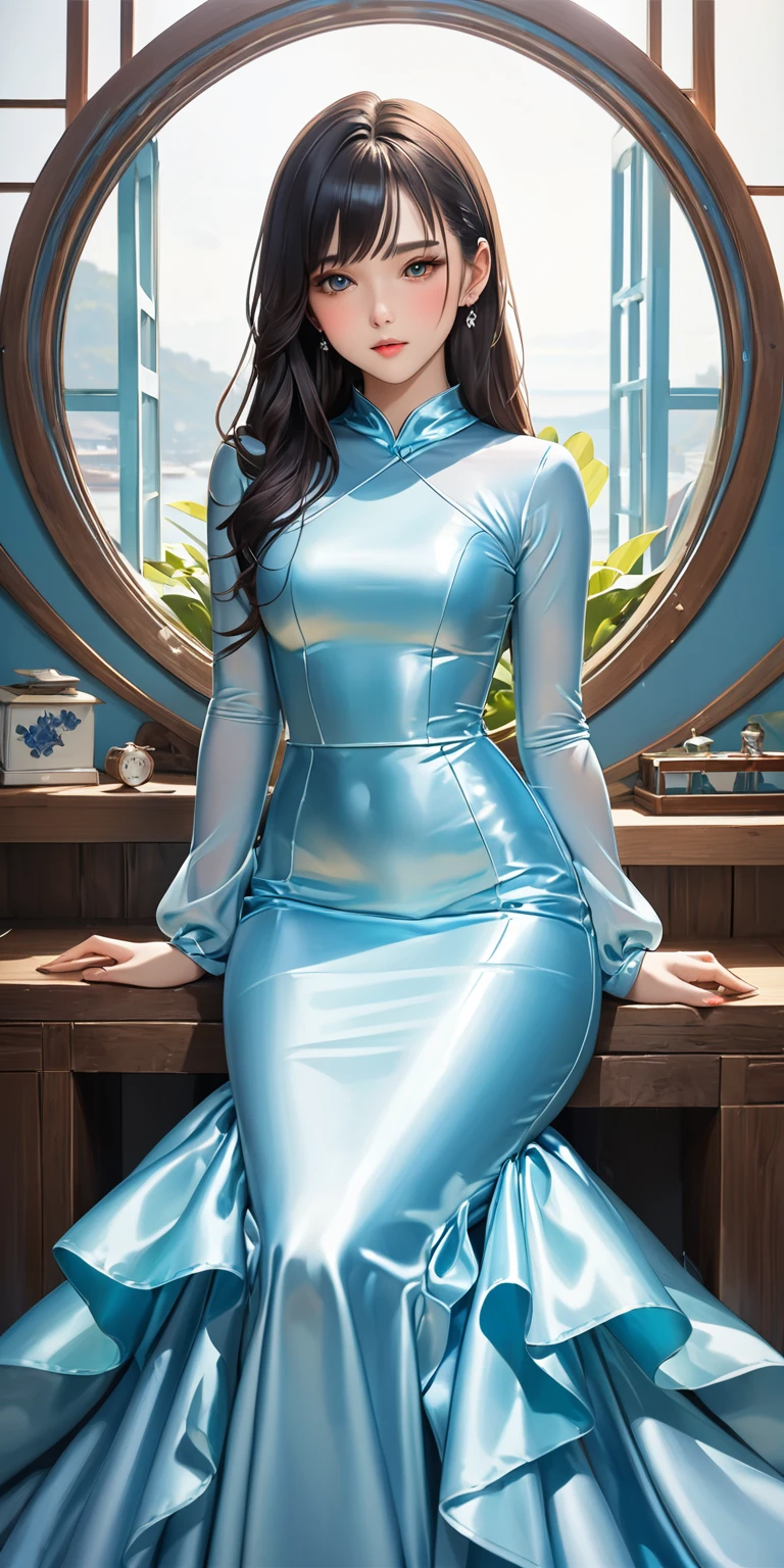 Portraiture、(masterpiece,Highest quality,Ultra-high resolution),Japanese women, (((Very beautiful 25 year old girl))),She is wearing a shiny light blue satin long sleeve dress..、The dress has a simple design without any patterns..、Skirt only mermaid style、The dress is made of a very shiny fabric.