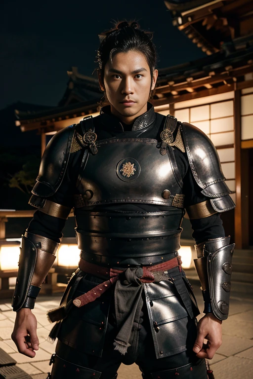 Samurai armor, Japanese handsome guy, bulky male, top-knot hairstyle, park sharp eyes, expose the penis, huge penis, Full Frame, Professional Lighting, dark Japanese temple background.