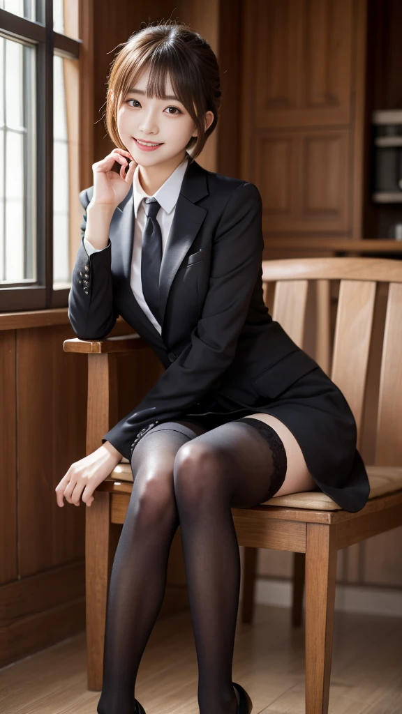 Tabletop, Highest quality, shape, Very detailed, finely, High resolution, 8k wallpaper, 完璧なダイナミックな構shape, Hairstyle: Short hair、Beautiful and beautiful eyes, suit,Natural color lip, smile、18-year-old girl,When wearing black tights or stockings、Plump thighs、