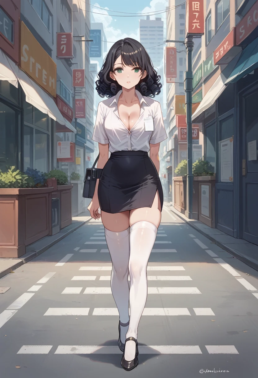 1girl, city street, walking, masterpiece, best quality, highly detailed, ((secretary outfit, secretary girl)),((pencil skirt,black skirt, skirt,micro,tight skirt)),((white shirt,skinny shirt,thighhighs,white thighhighs)), curly hair, black hair, girl arms behind back, ((full body:1.3)), ((front view:1.5))