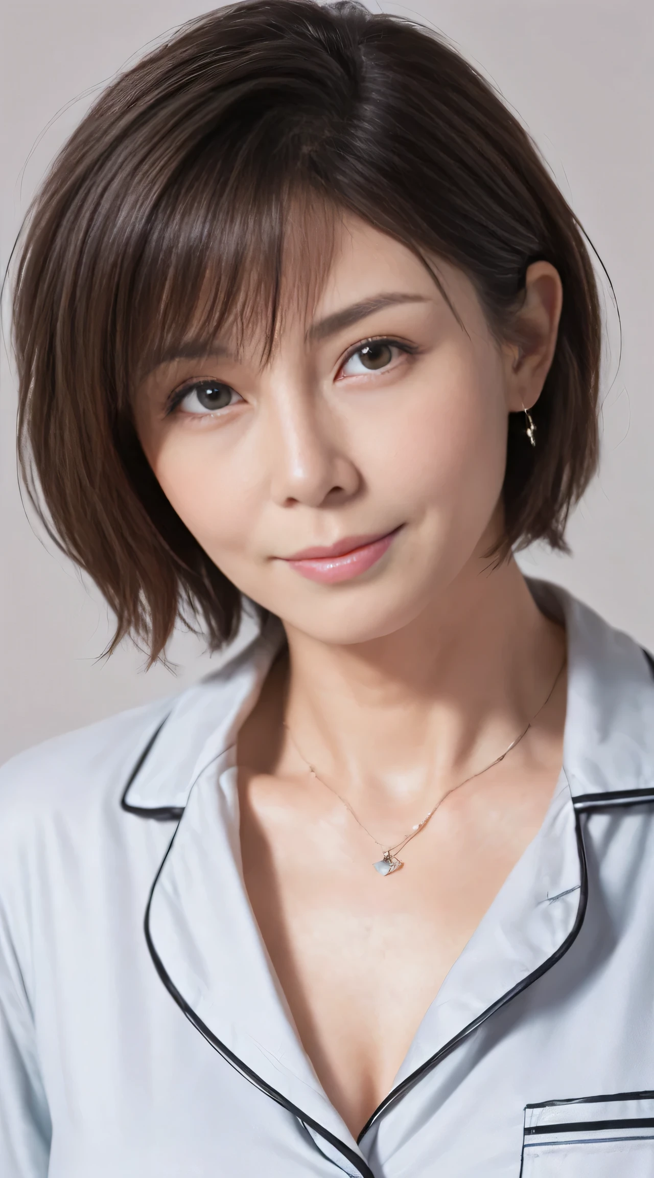 ((Highest quality, 8k, masterpiece :1.3)), 50-year-old woman, Simple plain background, Beautiful woman with slim abs :1.3, (Medium Short Hair, chest :1.2), Random color pajamas:1.1, Highly detailed face, Beautiful Eyes,Wrinkles at the corners of the eyes