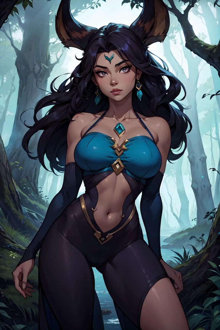 Maokai si il était une femme, maokai, league of legends, maokai est un tréant, treant, Il vit dans les îles obscure, brume, Vetement avec du bois, couleur sombre, aura bleue autour d'elle