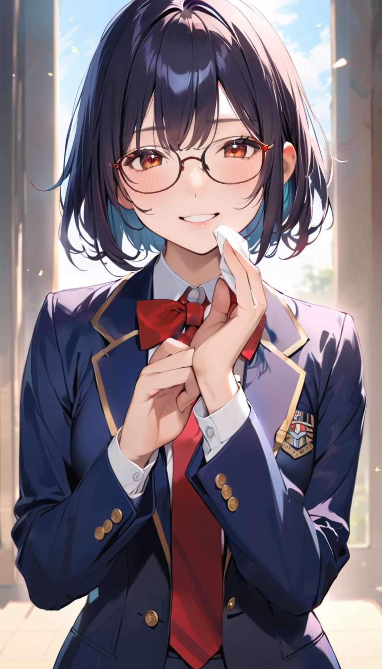 A high school girl with black short bob hair, Glasses,Red ribbon,(wearing a navy blazer) ,Wipe away the overflowing tears with one hand,smile,
