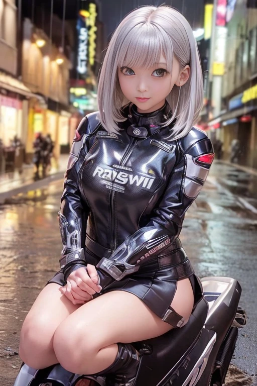One girl, Mini skirt with slit、Jacket, Bob Hair、Silver Hair、Medium breast、boots、rain, ((Ground vehicles, Mecha, motorcycle, on motorcycle, Vehicle Focus, kawasaki、wheel))、night, road, street, rain, city, puddle, masterpiece:1.3、Raw photo、Highest quality , Anatomically accurate hands and feet、
