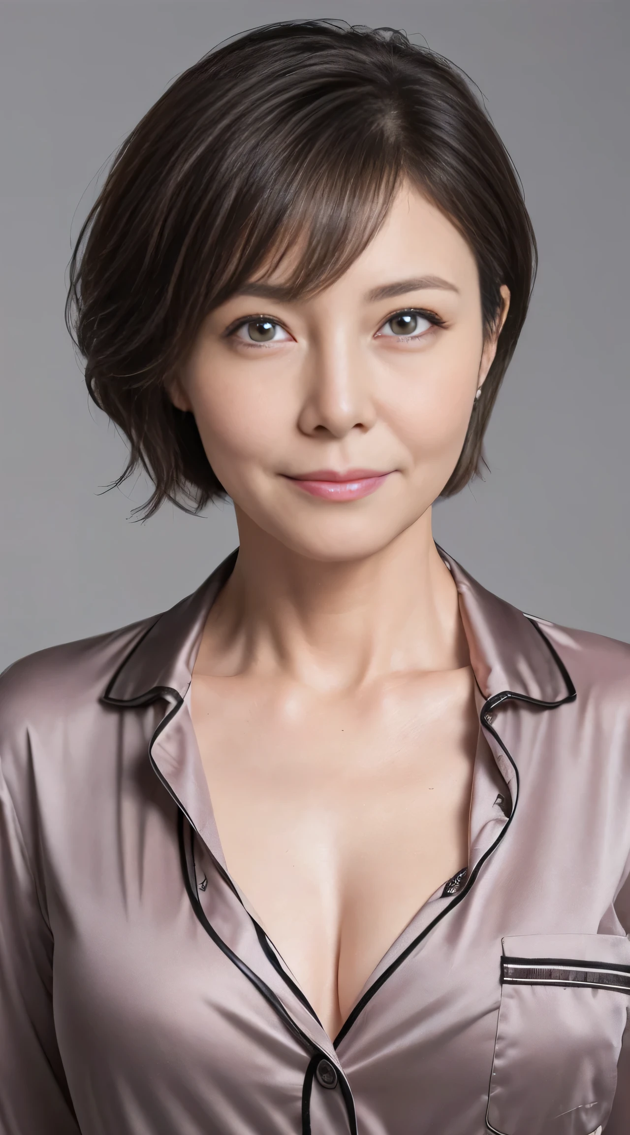 Realistic（masterpiece、Highest quality）、Short-haired woman、Japanese、Mature Woman，smile、Plain gray background、40 years old、whole body、Light clothing、Emphasize large breastini skirt.Beautiful legs