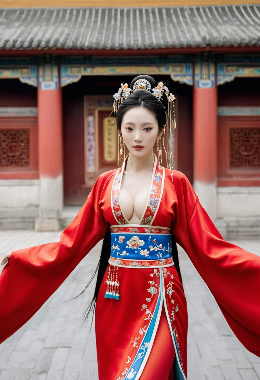 The background is a cobblestone street outside a Chinese palace in the Qing Dynasty. The empress at the Chinese court in the Qing Dynasty is wearing red Hanfu and looking from the front. Her big buttocks are covered with a naked loincloth that has been moved down to show off her big breasts. Her hair is adorned with a gorgeous Chinese empress's crown, and the back of her hair is tied up at the top.