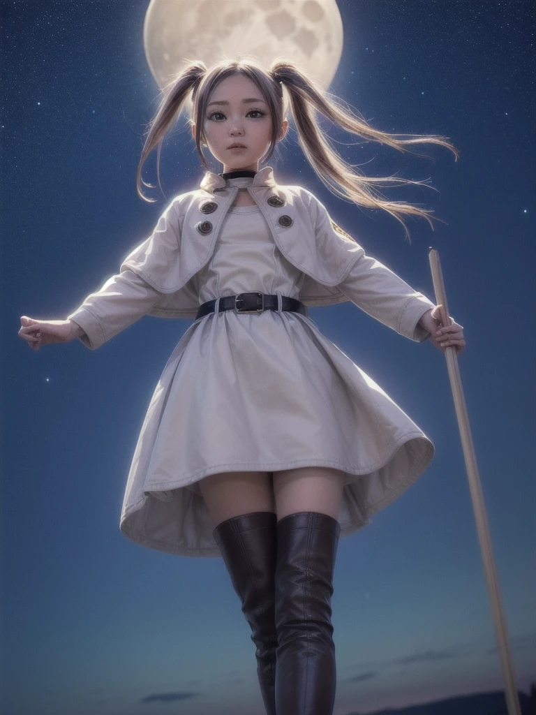 masterpiece, Highest quality, Very detailed, (Perfect Face, Detailed face), Gray Hair, (Dual Ponytail:1.3), (hair ornaments:1.4), Side Lock, Small breasts, Apply blush all over the face, Expressionless, Green Eyes, (Glowing Eyes:1.3), Long Hair, Pointed Ears, (Twin tails:1.3), jewelry, Fairy, Earrings, Capelet, Long sleeve, Short skirt, (Parted bangs:1.4), White Dress, (One Belt:1.3), Grey pantyhose, (White long boots:1.3), (From below:1.1), View your viewers, whole body, (With a long cane:1.1), (Floating in the air:1.4), flight, Jumping, Floating in the air, (Luminous wand:1.3), despise, Outdoor, night, (Bright sky:1.2), Moonlight, (full moon, Bright Moon, Big Moon, super moon:1.3), The moon occupies a large area, (Starry Sky:1.3), Motion Blur, (Gradient Sky:1.2), (Simple Background, Only sky in the background:1.4), The invisible horizon, No evidence, FreezingNDV,