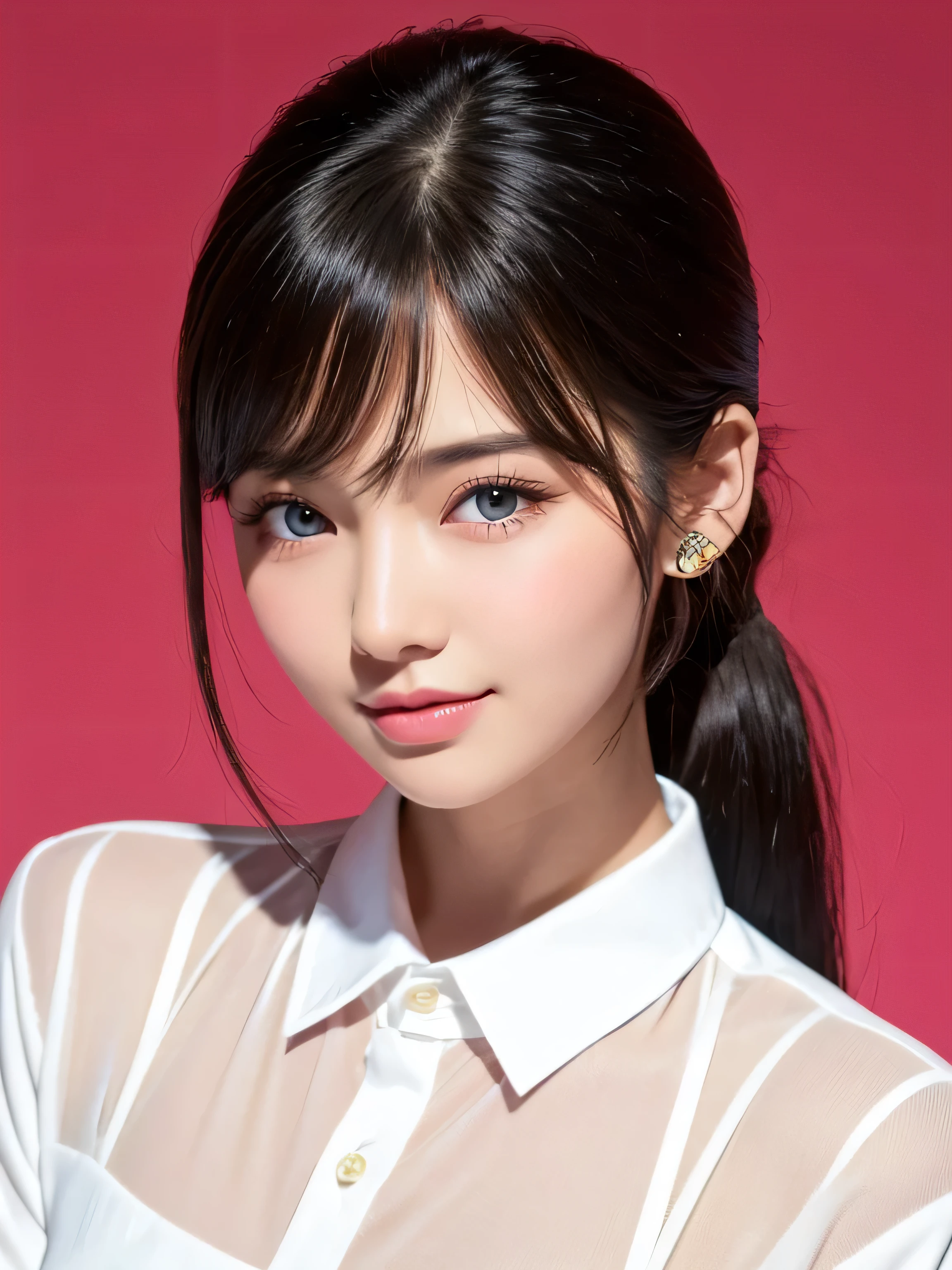 A stunning woman poses confidently in front of a warm red-pink background (1.1). Her flawless face features perfect beauty, with piercing blue eyes and raven-black hair styled in a sleek, straight, and long middle-parted hairstyle. Her porcelain-doll-like complexion glows with a subtle sheen, enhanced by light makeup. A high-quality Canon EOS 80D camera captures her radiant texture and details.
A thin, exposed shirt accentuates her impressive bustline, while a playful smile brightens her face. Her ponytail is adorned with a font-side bang framing her features. Shiny accessories add a touch of elegance to the overall composition.