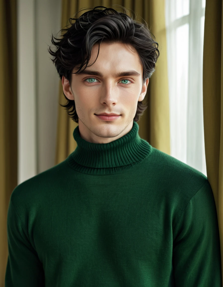 (best quality), 1boy, pale skin, black hair, medium hair, curtain hair, tousled hair, green eyes, perfect eyes, dark circles under eyes, tall, slender, handsome, strong jawline, lazy, light smile, attractive, turtleneck sweater, masterpiece, anatomically correct, highres