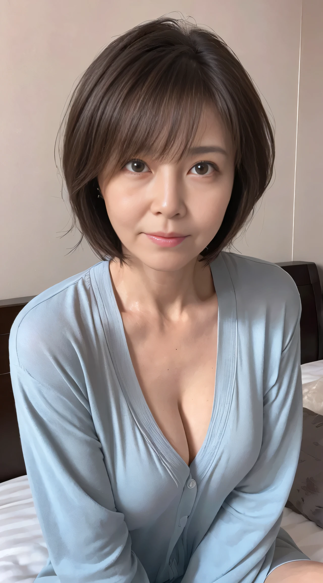 ((Highest quality, 8k, masterpiece :1.3)), 50-year-old woman, Simple plain background, Woman lying in bed :1.3, (Medium Short Hair, chest :1.2), Random color pajamas:1.1, Highly detailed face, Beautiful Eyes,Wrinkles at the corners of the eyes、