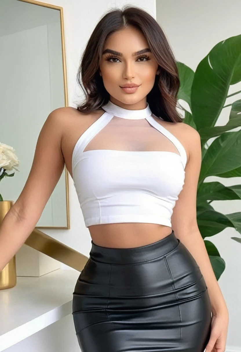 (best high quality:1.5), work of art, (8k), extremely detailed, (High details:1.4), Solo, ((HotLexi)), female with 24 years old, (crop top, pencil skirt), (pretty perfect square defined model face:1.2),