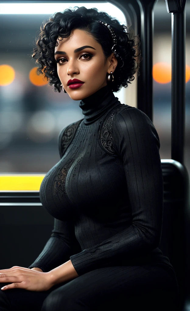 (masterpiece), (extremely intricate:1.3), (realistic), detailed textures, professional photograph of a stunning woman detailed, Jewish, curly black hair, big nose, (huge breasts:1.3), gorgeous, lipstick, eyeliner, makeup, skinny, (black turtleneck jumper), black trousers, sitting on New York subway, detailed eyes, sharp focus, dramatic, award winning, cinematic lighting, octane render unreal engine, volumetrics dtx, (film grain, blurry background, blurry foreground, bokeh, depth of field, motion blur:1.3)