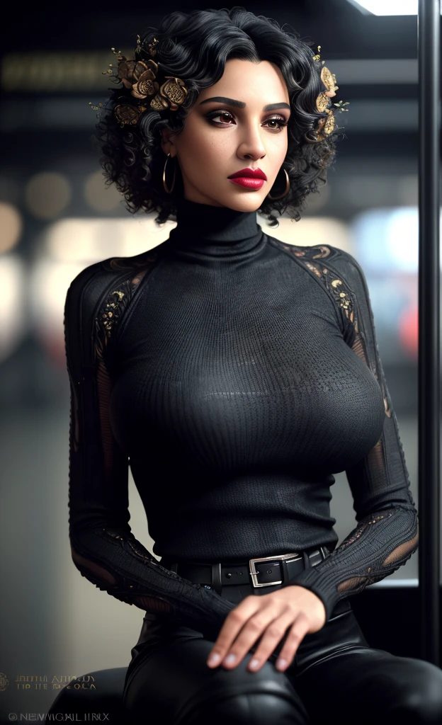 (masterpiece), (extremely intricate:1.3), (realistic), detailed textures, professional photograph of a stunning woman detailed, Jewish, curly black hair, big nose, (huge breasts:1.3), gorgeous, lipstick, eyeliner, makeup, skinny, (black turtleneck jumper), black trousers, sitting on New York subway, detailed eyes, sharp focus, dramatic, award winning, cinematic lighting, octane render  unreal engine,  volumetrics dtx, (film grain, blurry background, blurry foreground, bokeh, depth of field, motion blur:1.3)