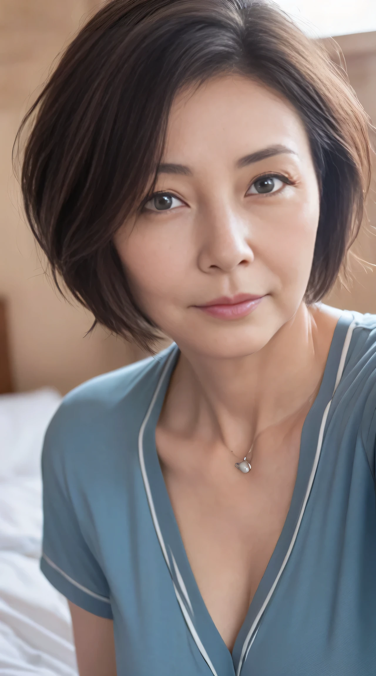 ((Highest quality, 8k, masterpiece :1.3)), 50-year-old woman, Simple plain background, Woman lying in bed :1.3, (Medium Short Hair, chest :1.2), Random color pajamas:1.1, Highly detailed face, Beautiful Eyes,Wrinkles at the corners of the eyes、