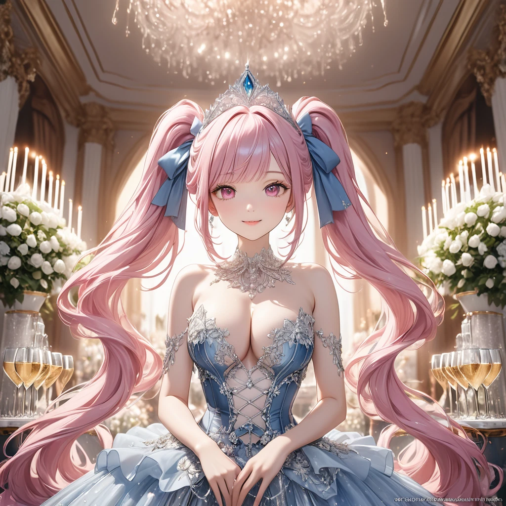 (8K, masutepiece, Best Quality, Official art, ultra beautiful detailed, beautiful lighting, best masterpiece in history that exceeds limits:1.2), (), (beautiful detailed face), (shiny white skin), (Beautiful big bust, cleavage:1.2), (beautiful detailed pastel pink twin tails hair, Bangs:1.3), (beautiful detailed drooping pink eyes:1.5), break, (Beautiful detailed Luxurious blue princess dresses, white See-through intricate lace, cute bow ribbon, a lot of see-through frill, silver thread, diamond, corset), (Beautiful Luxurious Diamonds Tiara), break, (happy smile, Attractive, Look at the camera, cute pose), breathtaking scenery, (ultra detailed beautiful white princess room), (ultra detailed realistic beautiful, a champagne tower, a five tiers champagne glass, champagne:1.3),
