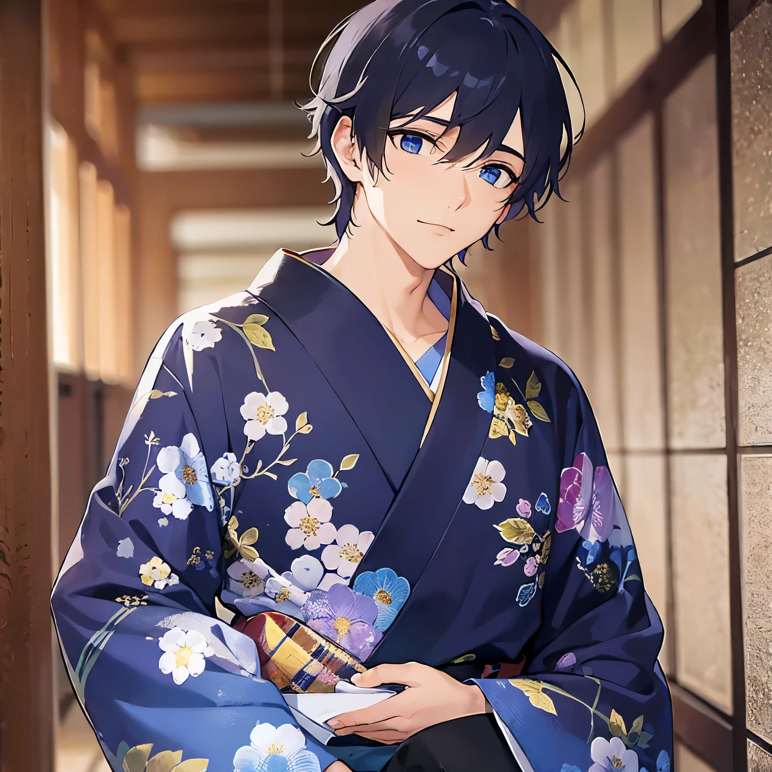 (25-year-old male:1.5) and(Black short hair) and (blue eyes), (looking away:1.5), upper body、Hands on the chin、
masterpiece、Highest quality、
(Blue) and (yukata),nervous,The background is a Japanese-style corridor at night