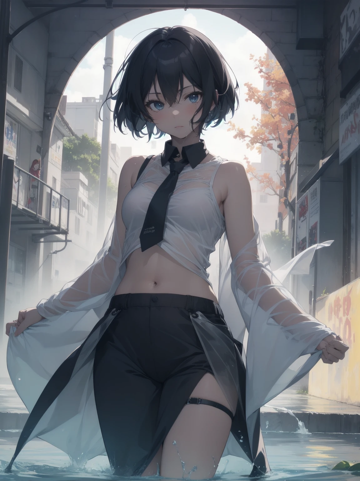 nsfw, ultra-absurdres-Top quality by artist God, ultra-detailed, high resolution, anime moe artstyle, best anime 8k konachan wallpaper, pixiv contest winner, pool:2810, perfect anatomy,break, 1girl, Woman evacuating in the rain, Black Medium Bob, Blue eyes, white shirt, underwear, ((wet)), see through, groin, dripping, nipple, Tattered hut, break,super detailed skin, Best sexuall lighting powered by famous artist, 8k,beauty illustration,photoshop_(medium),very aesthetic,break,((artist:zen_(kamuro) )), artist:clamp ,artist:carnelian ,artist:kantoku ,