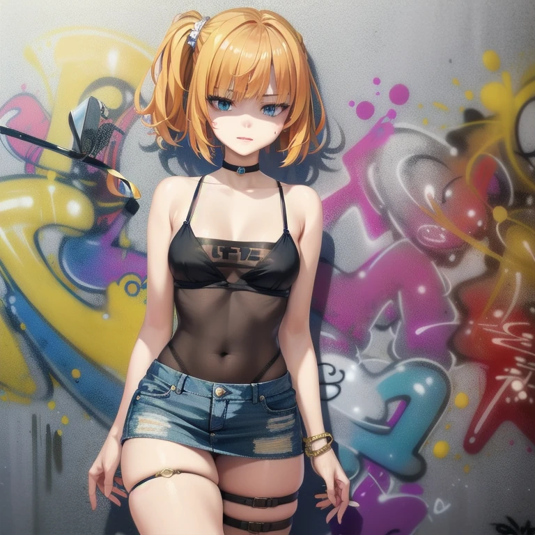 hyper-realistic, Masterpiece, Best quality, 1 woman, alone, top cutout, denim ((Tight Miniskirt)), choker, (Graffiti:1.5), paint splashes, Hands behind the back, against a wall, Looking into a viewfinder , A bracelet, Thigh strap, Body painting, Head tilt, blonde hair, Iris blue eyes, 8k resolution, Intricate clothing, Intricate details