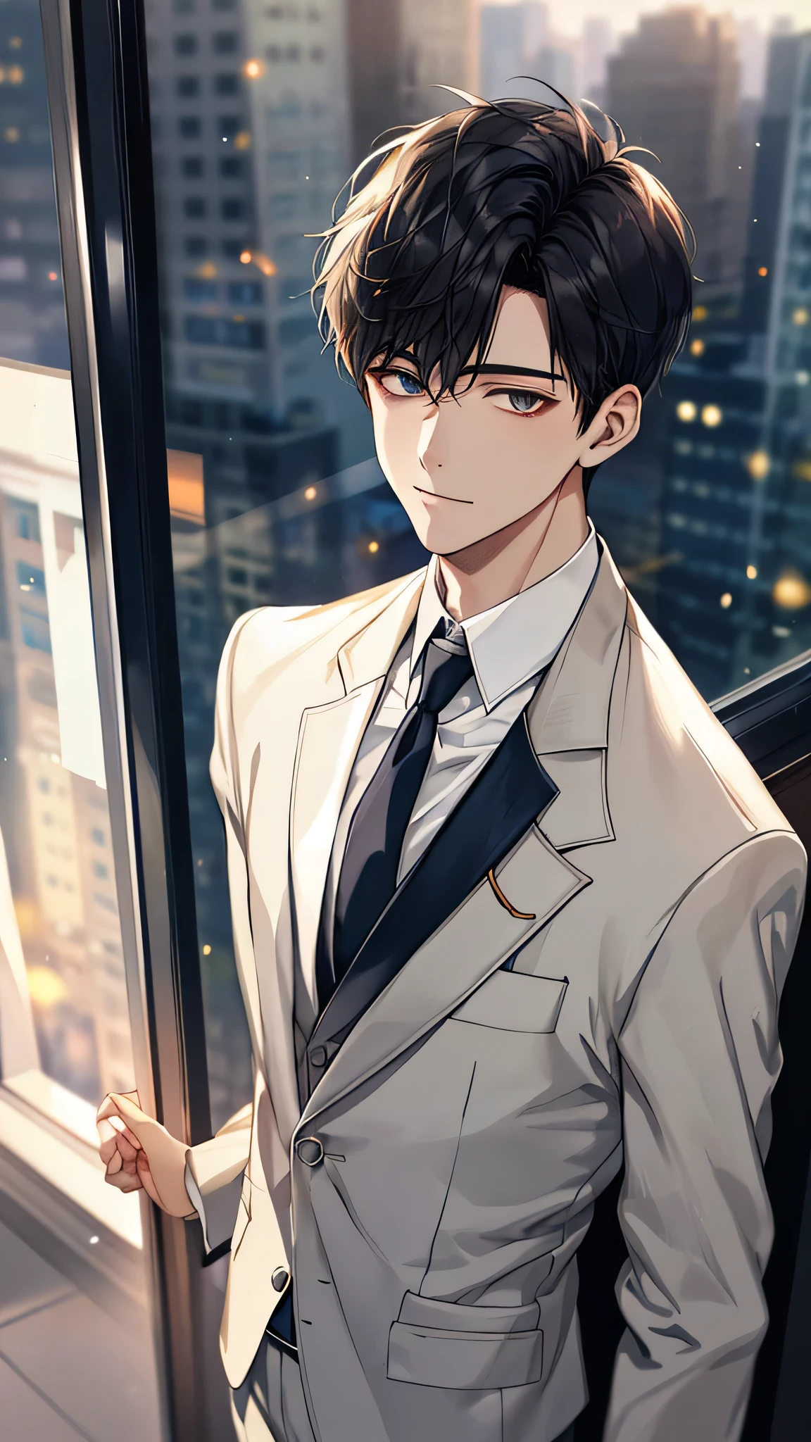 1 boy, Face Focus, aldult, Business suit, jacket, White shirt, tie, Pants, best quality, Hiring, Delicate face, office, Buildings seen from the window, Detailed background, Scattered sunlight, Depth of Field, Bokeh