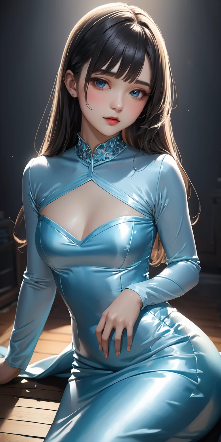 Portraiture、(masterpiece,Highest quality,Ultra-high resolution),Japanese women, (((Very beautiful 25 year old girl))),She is wearing a shiny light blue satin long sleeve dress..、The dress has a simple design without any patterns..、Skirt only mermaid style、The dress is made of a very shiny fabric.、Dark Room