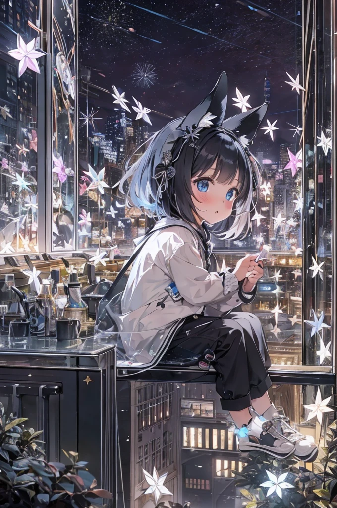 1girl, 8yo, cute sketch, black and white, photographic trails of glowing fluorescent diamond firefly, kawaii, colorful, fireworks, transparency, cinematic side angle, beautiful aesthetic, expressionless, empty-eyed, looking away, smock, indoor, sit, brilliant night city outside window, nursery-tale, whimsical, extremely detailed cg, absurdres, highres, potted white flowers, realistic, animal ears, letterboxed, water