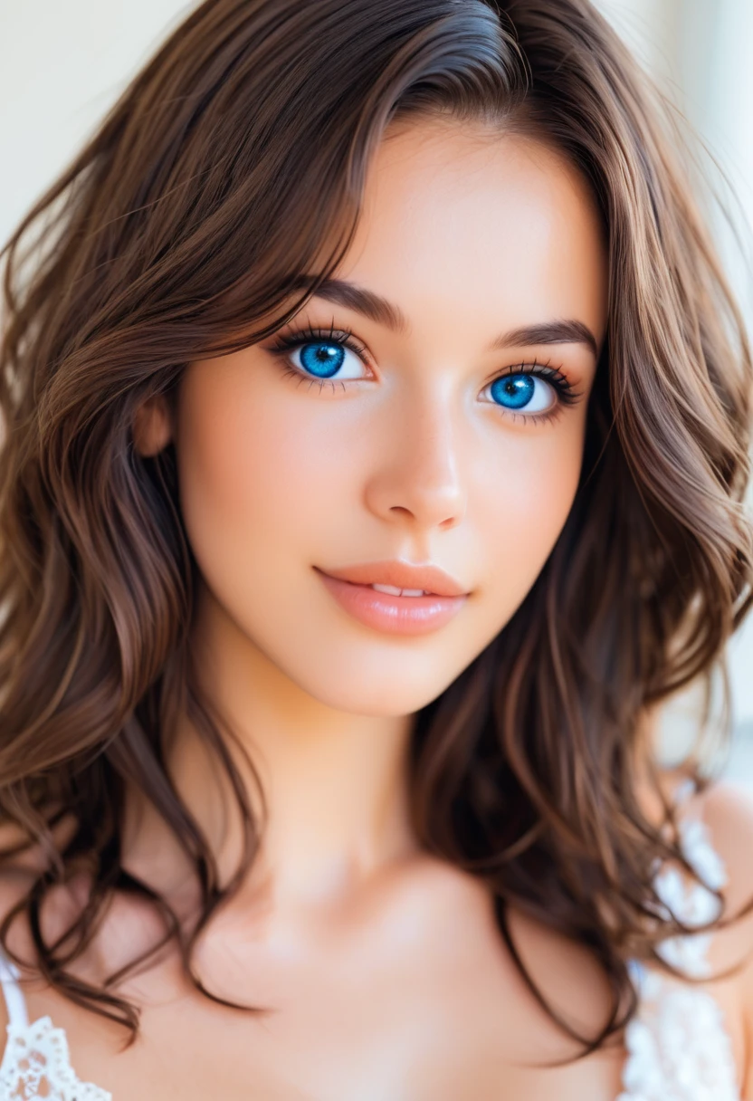 Portrait brunette woman with brown hair and blue eyes