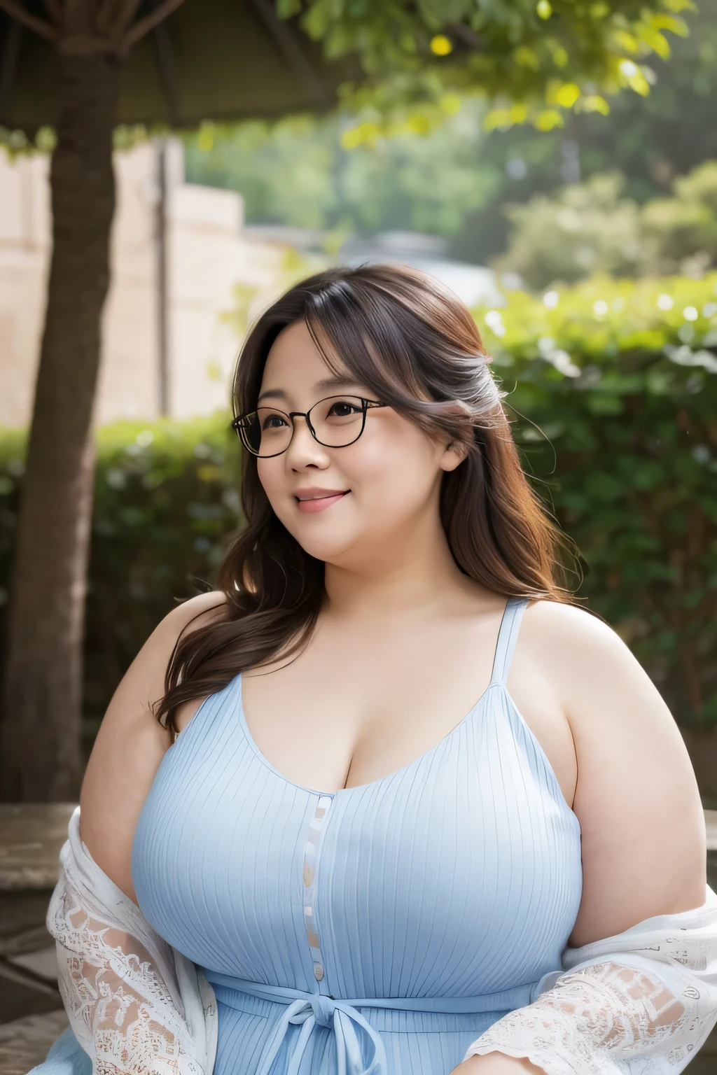 masterpiece, Highest quality, A movie-like photograph of flowing liquid drops, Are you fat?, Aunt,Realistic rendering style, Advertising inspiration, Smooth lines, Romantic feelings, OC Rendering, photograph, movie, High resolution,Wearing glasses,Are fat,Rounded outline,Broad shoulders,smile,40age,Double chin