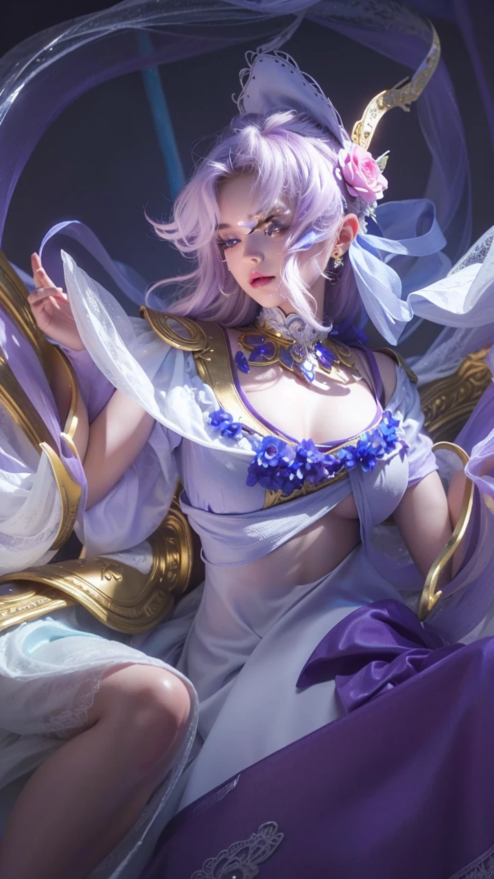 1girl, solo, game character, beautiful girl, extremely beautiful, ridiculously beautiful, masterpiece, top quality, young girl, white dress, beautiful princess, purple and white dress, golden accessories, flower hair accessories, ((realistic, hyper realistic, super detail, detailed clothes texture, detailed body shape, detailed skin texture, detailed background, detailed face))