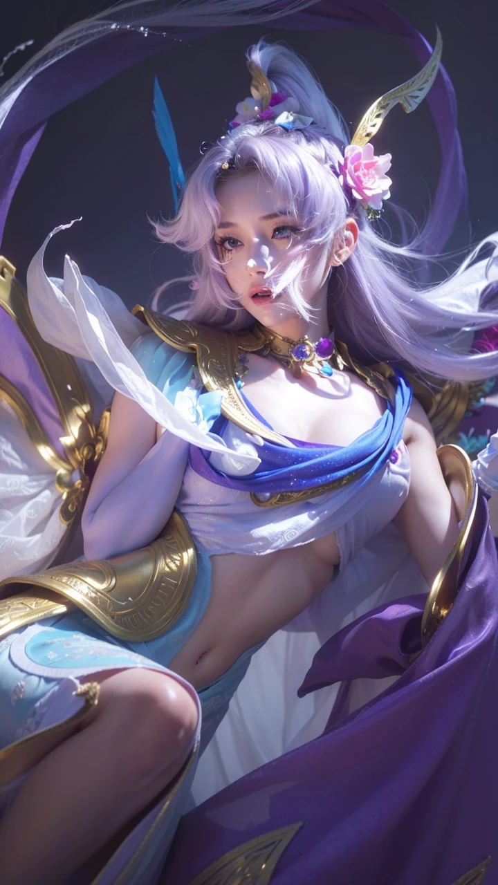 1girl, solo, game character, beautiful girl, extremely beautiful, ridiculously beautiful, masterpiece, top quality, young girl, white dress, beautiful princess, purple and white dress, golden accessories, flower hair accessories, ((realistic, hyper realistic, super detail, detailed clothes texture, detailed body shape, detailed skin texture, detailed background, detailed face))