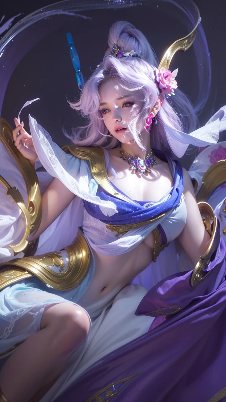 1girl, solo, game character, beautiful girl, extremely beautiful, ridiculously beautiful, masterpiece, top quality, young girl, white dress, beautiful princess, purple and white dress, golden accessories, flower hair accessories, ((realistic, hyper realistic, super detail, detailed clothes texture, detailed body shape, detailed skin texture, detailed background, detailed face))